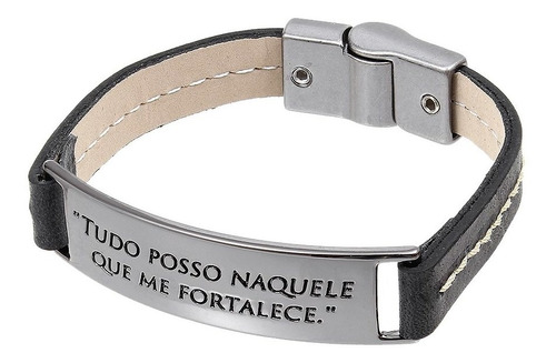 Bracelete De Couro Preto  Tudo Posso Naquele Que Me Fortalec