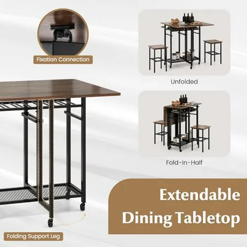 Mesa De Comedor Plegable Con 2 Taburetes Y Espacio Para Vino