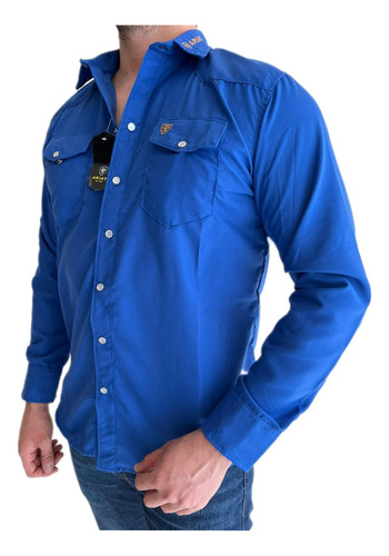 Camisa Manga Larga Ariat Hombre Azul Bordada Lisa Premium