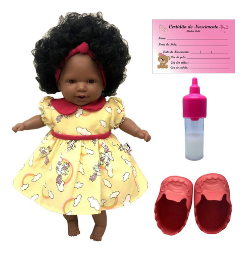 Boneca Bebê Tayla Negra Cabelo Black Power Afro - Acompanha Acessórios Mamadeira Mágica Certidão De Nascimento E Sapatinhos - Cotiplás Brinquedos