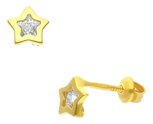 Broquel Oro Amarillo 14k Estrella Mini Bisel Con Zirconia