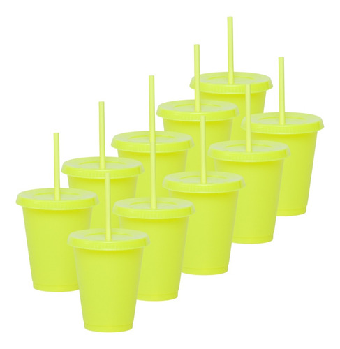 200 Vasos Reusables Con Popote Para Bebida Fría Mini 16 Oz Color Amarillo Neón