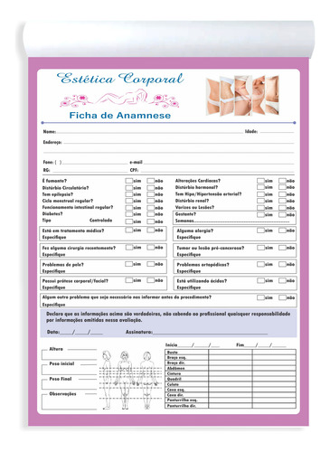 Bloco Ficha Anamnese Corporal 100 Folhas 15x21