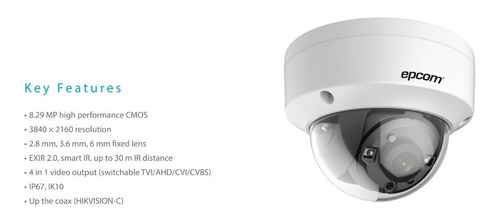Cámara Domo Epcom E4k-turbo-l 4k 8mp Angular 102° Ir 30mts