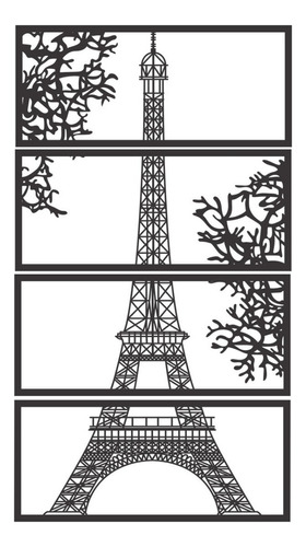 4 Quadros Torre Eiffel Mdf Decorativo Vazado 3mm 50x22 Cor Preto Fosco