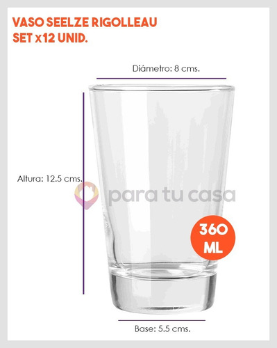 Imagen 2 de 8 de Set X 12 Vaso Vidrio Flint Seelze Cónico 360 Cc Rigolleau