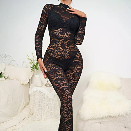 Conjunto De Pijama Sexy Mono De Encaje Transparente Con