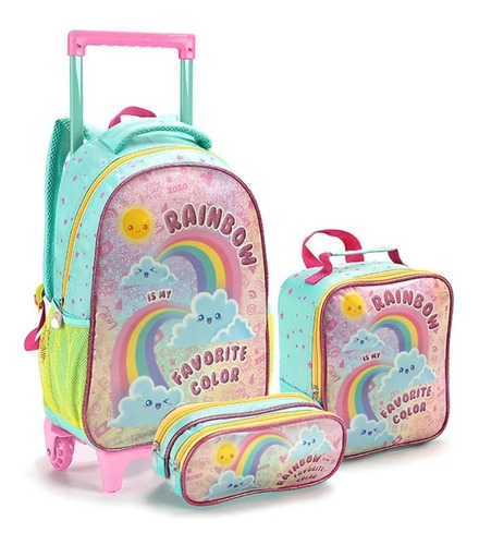 Kit Mochila Rodinha Lancheira Estampada Fofa Rainbow Seanite