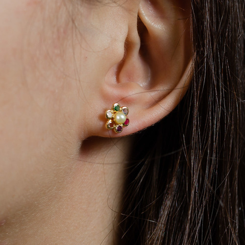 Brinco De Ouro 18k 750 Flor Pérola Natural Zircônias Mistas