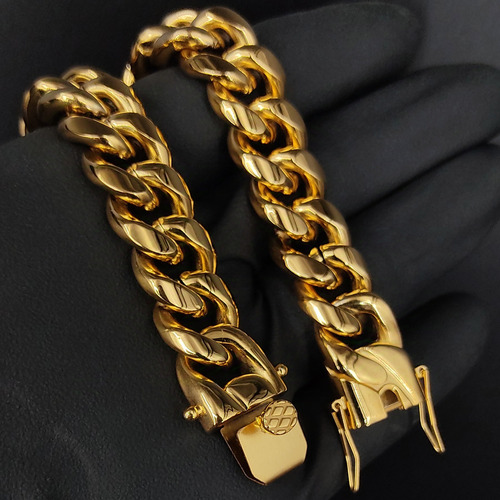 Pulseira Masculina 13mm Grumet Duplo Banhado A Ouro 18k Comprimento 22 Cm Diâmetro 13