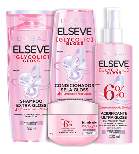 Elseve Glycolic Gloss Shampoo, Cond, Máscara E Acidificante