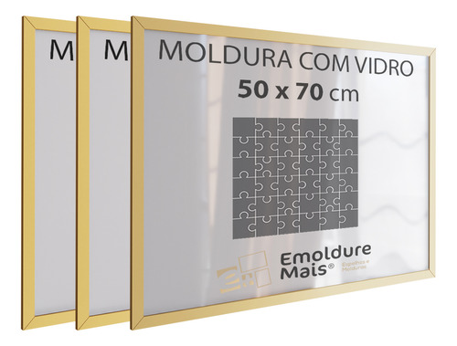 Kit 3 Moldura 50 X 70 Quebra Cabeça Grow Puzzle 1000 Peças Cor Dourada
