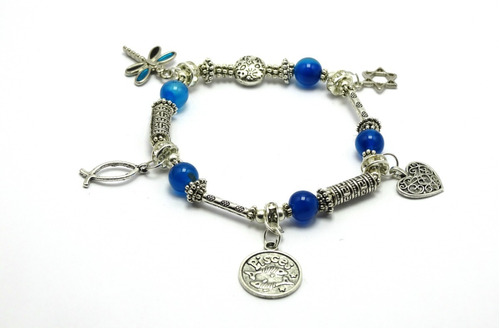 Pulsera Zodiacal  Signo Piscis Piedras Ágata Azul - Ref:019