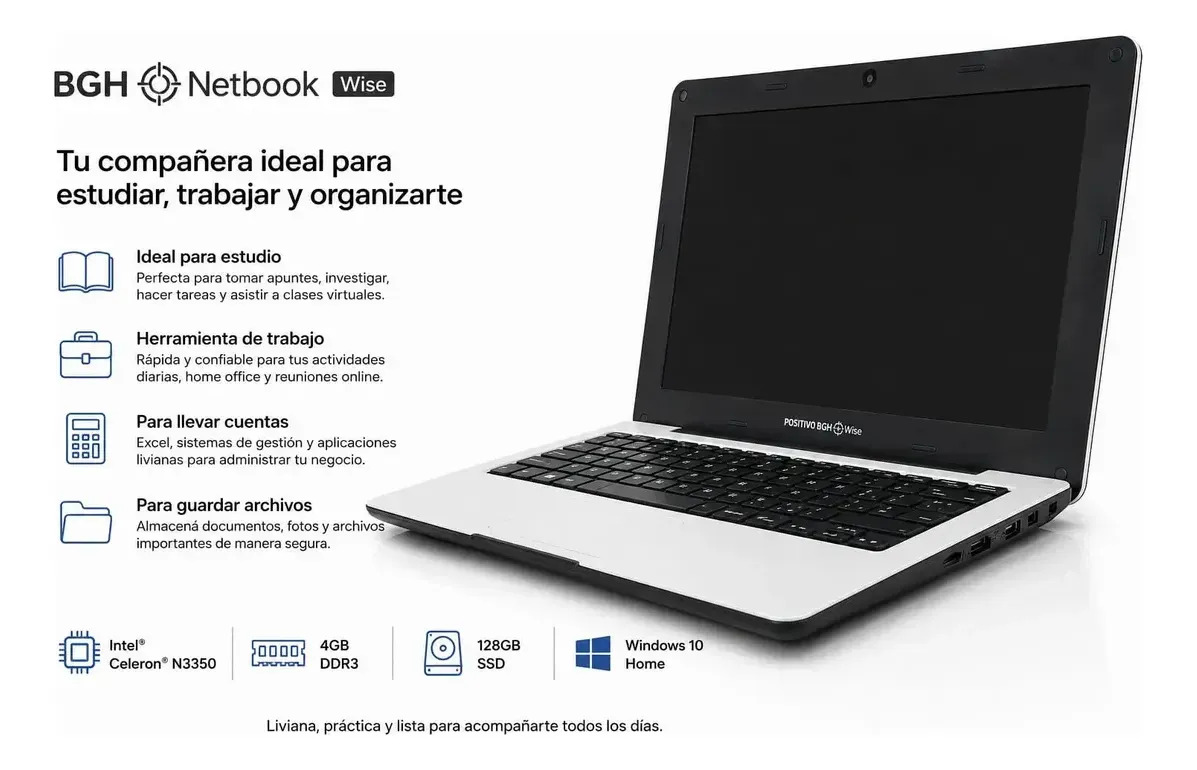 Netbook IBGH WISE4gb 128Ssd Win10 Cam BLANCA OFICCE HDMI USB REDES