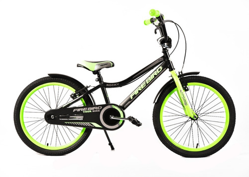 Bicicleta cross infantil Fire Bird Rocky R20 1v frenos v-brakes color negro/verde con pie de apoyo  