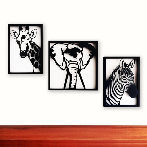 Tríptico Animales Cuadros Decorativos Jirafa Elefante Zebra 