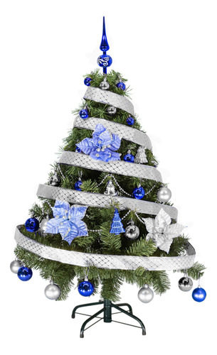 Arbol Navidad Tronador Lujo 1,20mts + Kit 30 Deco Azul Plata