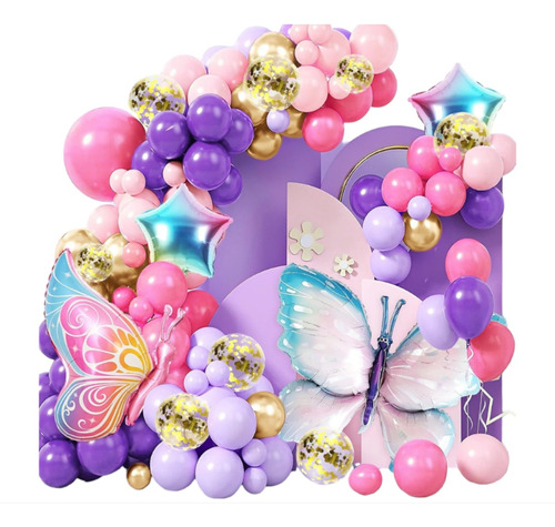 Paquete De Globos Arco Tonos Rosa Morado Mariposas 3d 116pz