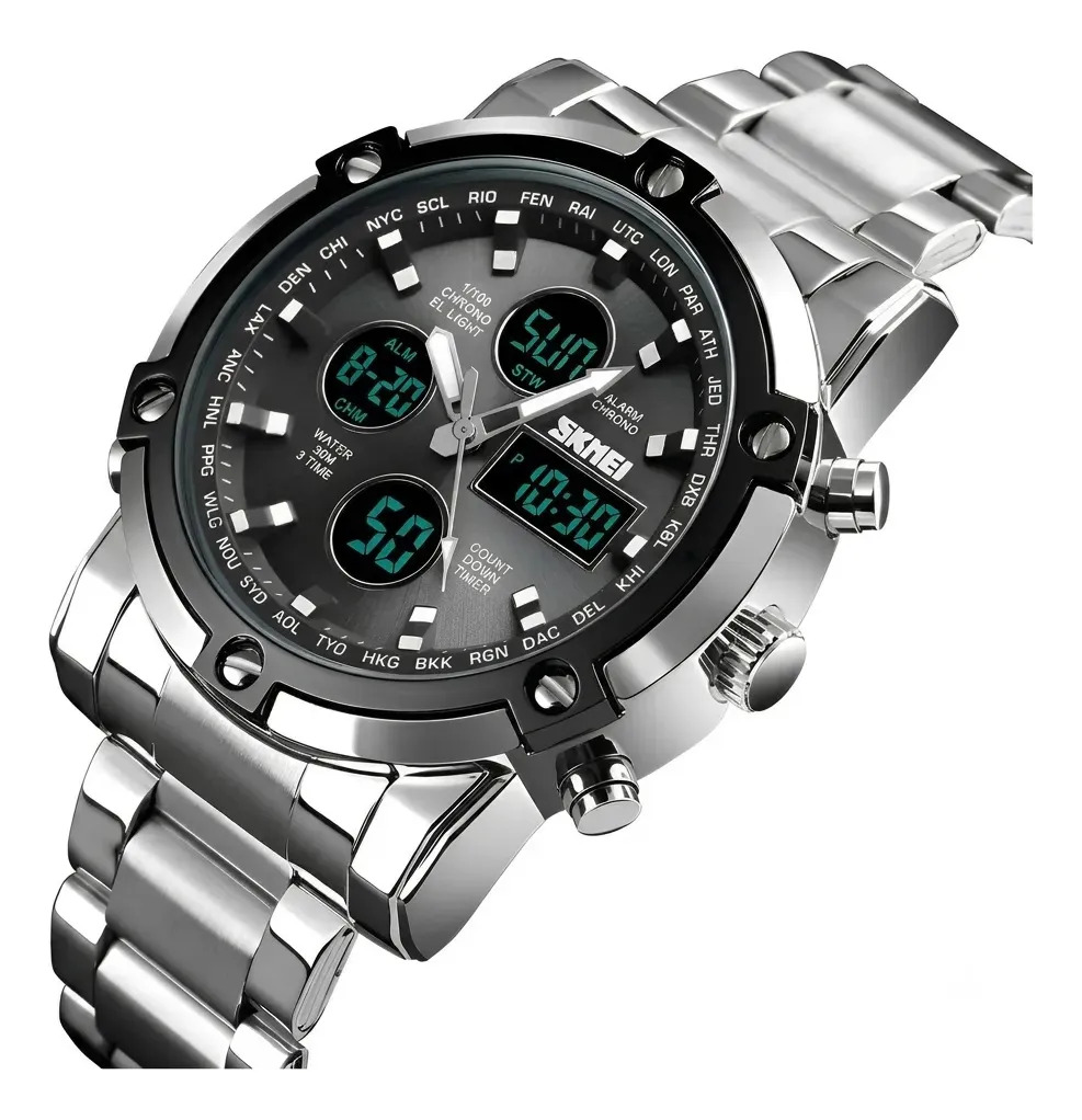 Reloj pulsera Skmei 1389 con correa de acero inoxidable color plateado - fondo negro - bisel negro/plateado