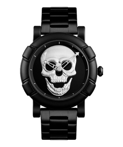 Reloj Calavera Cráneo Plateado Correa Negra 