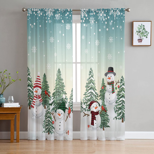 Cortinas Traslucidas De Navidad Con Diseno De Muneco De Niev