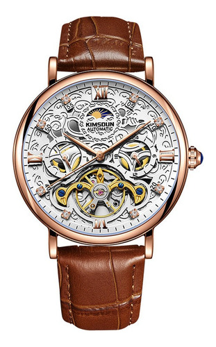 Kimsdun Mecánico Tourbillon Fase Lunar Reloj Color De La Correa Rose White