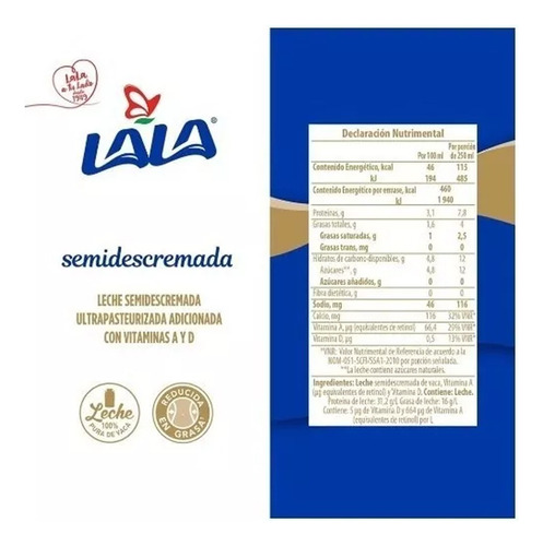 Leche Uht Lala Semidescremada 6 Pack De 1 Lt C/u