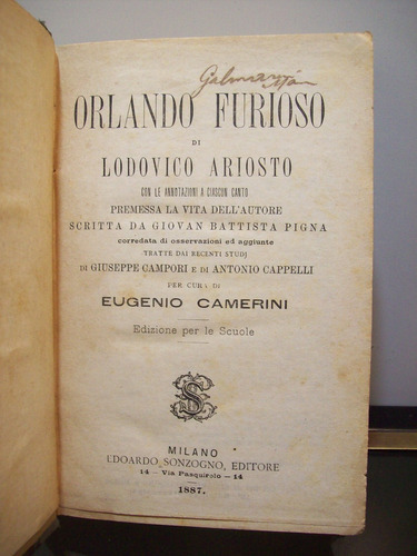 Adp Orlando Furioso Di Lodovico Ariosto / Ed Sonzogno 1887