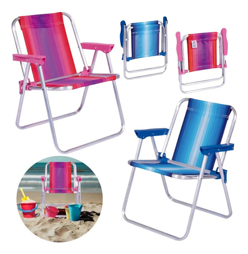 2 Cadeiras De Praia Infantil Mor Dobravel Rosa E Azul