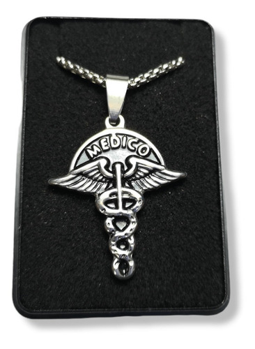 Dije Esculapio Medico Acero Quirúrgico C/cadena Y Estuche Color Plateado