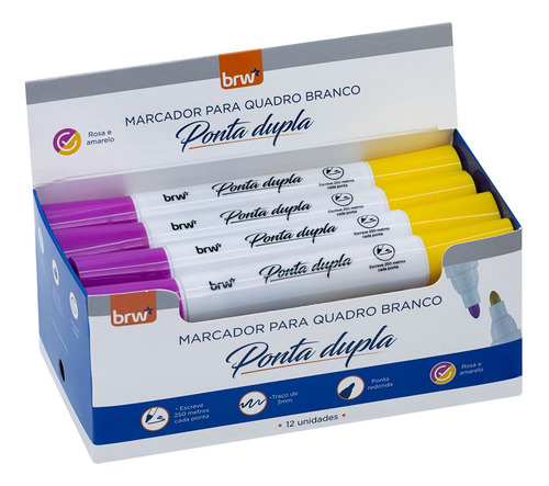 12 Marcador Quadro Branco 2 Em 1 Ponta Dupla Rosa E Amarelo