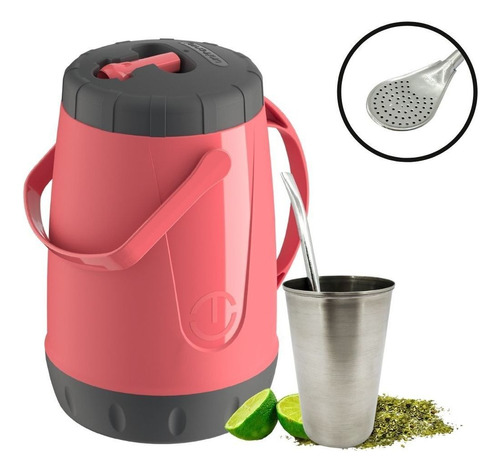 Kit Tereré 1 Garrafa Térmica 2,5l 1 Cuia Inox 200ml 1 Bomba Cor Rosa