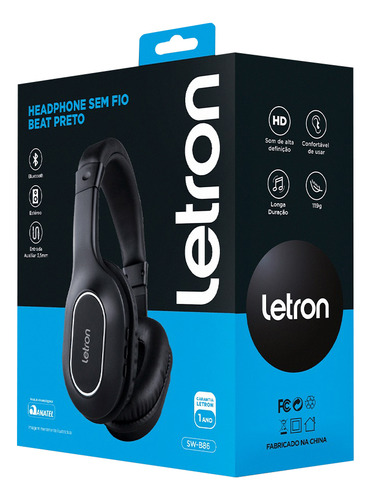Fone Headphone Sw-b86 Sem Fio Beat Preto Buetooth Letron