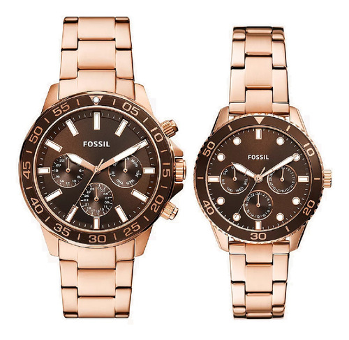 Pareja De Relojes Fossil Bq2827set Oro Rosa Dial Café Oscuro Fondo Marrón Oscuro