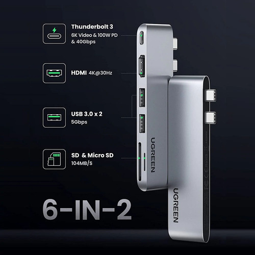 Ugreen Hub Adaptador Usb C 6 Em 2 Macbook Pro E Air 4k/30hz