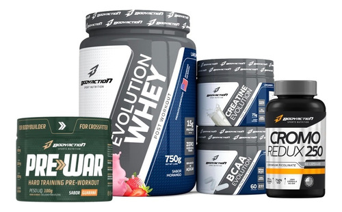 Kit Whey + Creatina + Bcaa + Pré Treino Pre War + Cromo 250 Sabor Morango