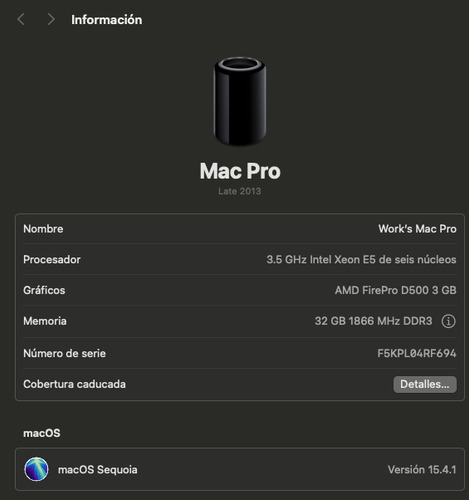 Mac Pro Late 2013 3.5ghz 1tb/32gb 6-core Xeon E5-1650v2 9/10 (Reacondicionado)