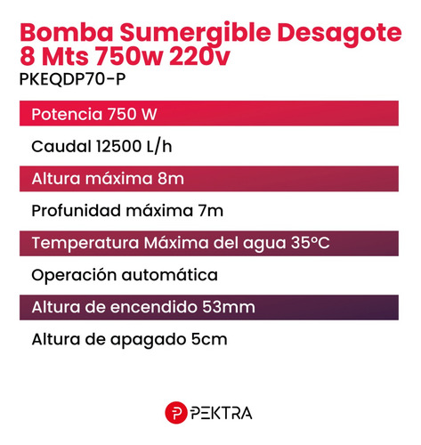 Imagen 5 de 10 de Bomba Sumergible Desagote 8 Mts 750w 220v Agua Pektra Pozo
