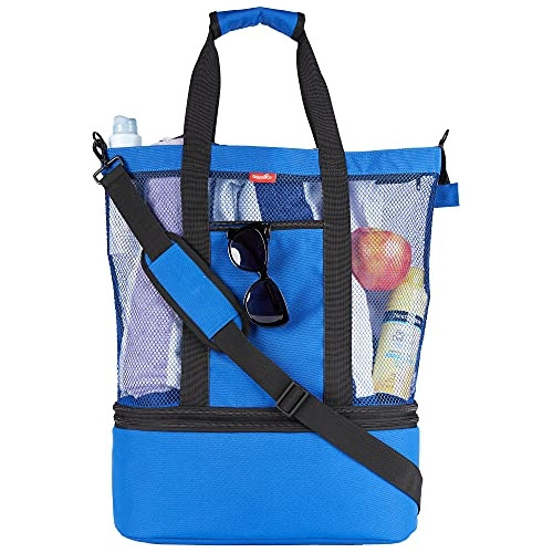 Bolsa De Playa De Malla Con Refrigerador Aislado Color Azul