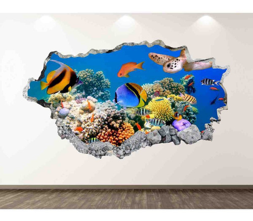 Vinilo 3d Pared Rota Oceano Acuario Tortuga Decoración