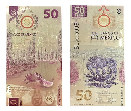 3 Billetes 50 Pesos Ajolote Dorado Oro Laminado México Suert