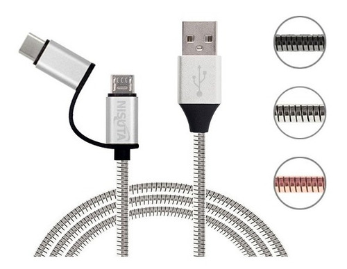 Cable Usb A Micro Usb Y Usb C 2 En 1 Metalico Reforzado
