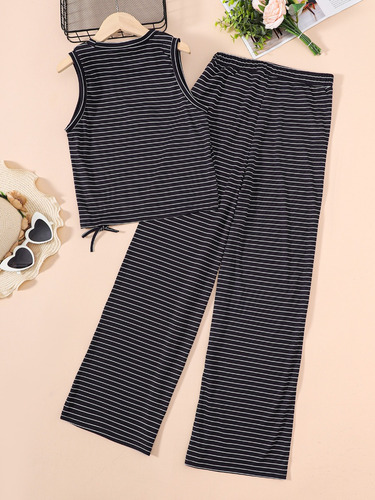 Conjunto De Pantalones Y Camiseta Sin Mangas A Rayas Con Let