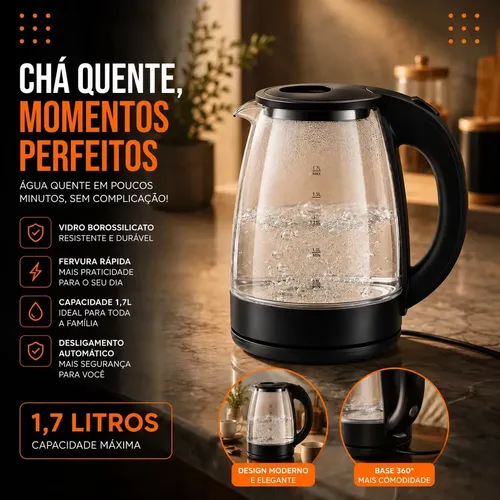 Chaleira Elétrica de Vidro Hold On 1.8 Litros, com Aquecimento Rápido e Desligamento Automático - R$ 78,9