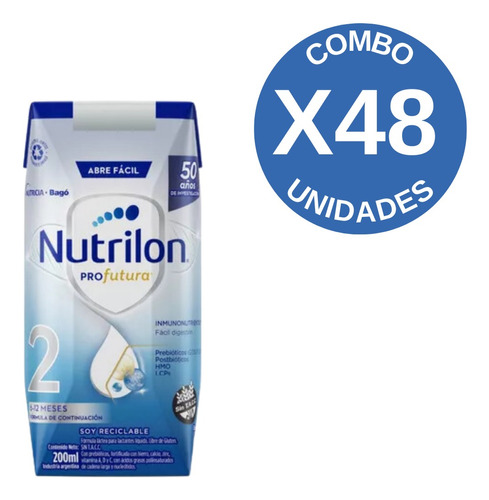 Nutrilon leche de fórmula líquida sin tacc nutricia bagó profutura 2 sabor neutro en caja pack de 48 unidades de 200g de 6 a 12 meses