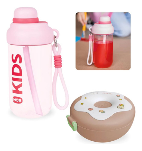 Garrafa Rosa 660ml Squeeze + Lancheira Donuts Com Divisória