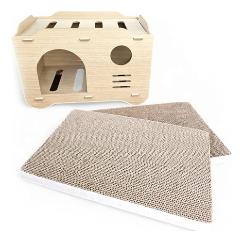 Casa Cucha De Madera Para Gato Con Dos Rascadores