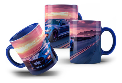 Caneca De Porcelana Ford Mustang Gt500 Azul Com Faixa Branca