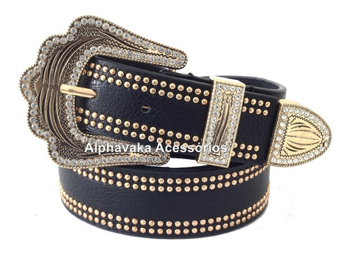 Imagem 1 de 3 de Cinto Feminino Country Preto Fivela Dourada Com Strass