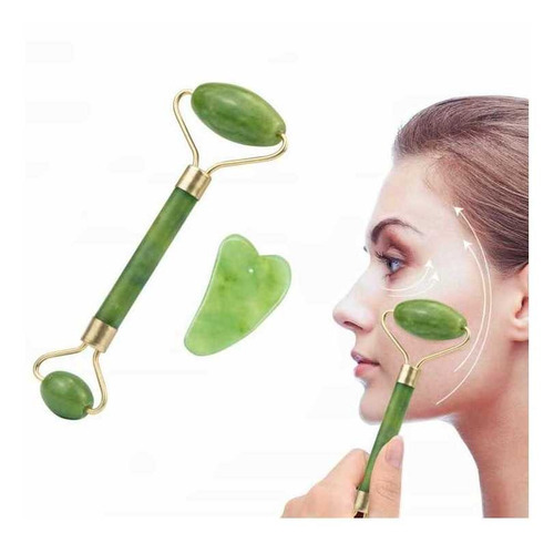 Kit Masajeador Facial Jade Rodillo +piedra Guasha-natural Co Verde